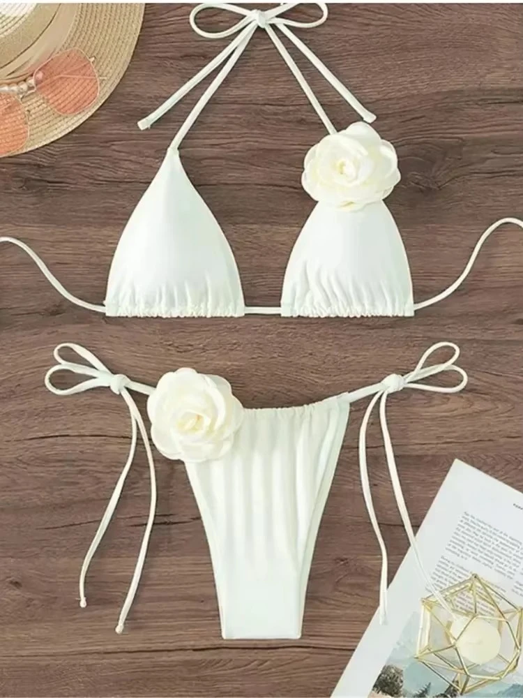 Sexy Blume Bandeau Bademode Tanga Bikini 2025, Frauen Spitze-up Badeanzüge Schwimmen Badeanzug Brasilianische Bikinis Set Mujer Biquini
