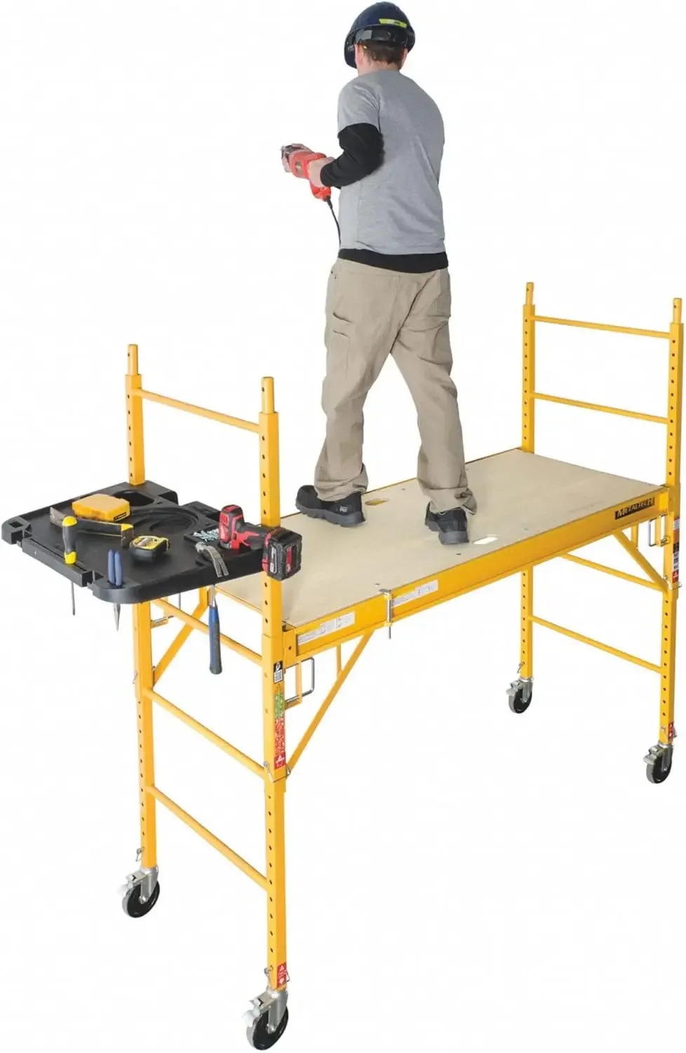 Baker Adjustable Steel Platform Jobsite Series 6 Feet Tall Mobile Scaffolding Ladder with Locking Caster Wheels, Yellow