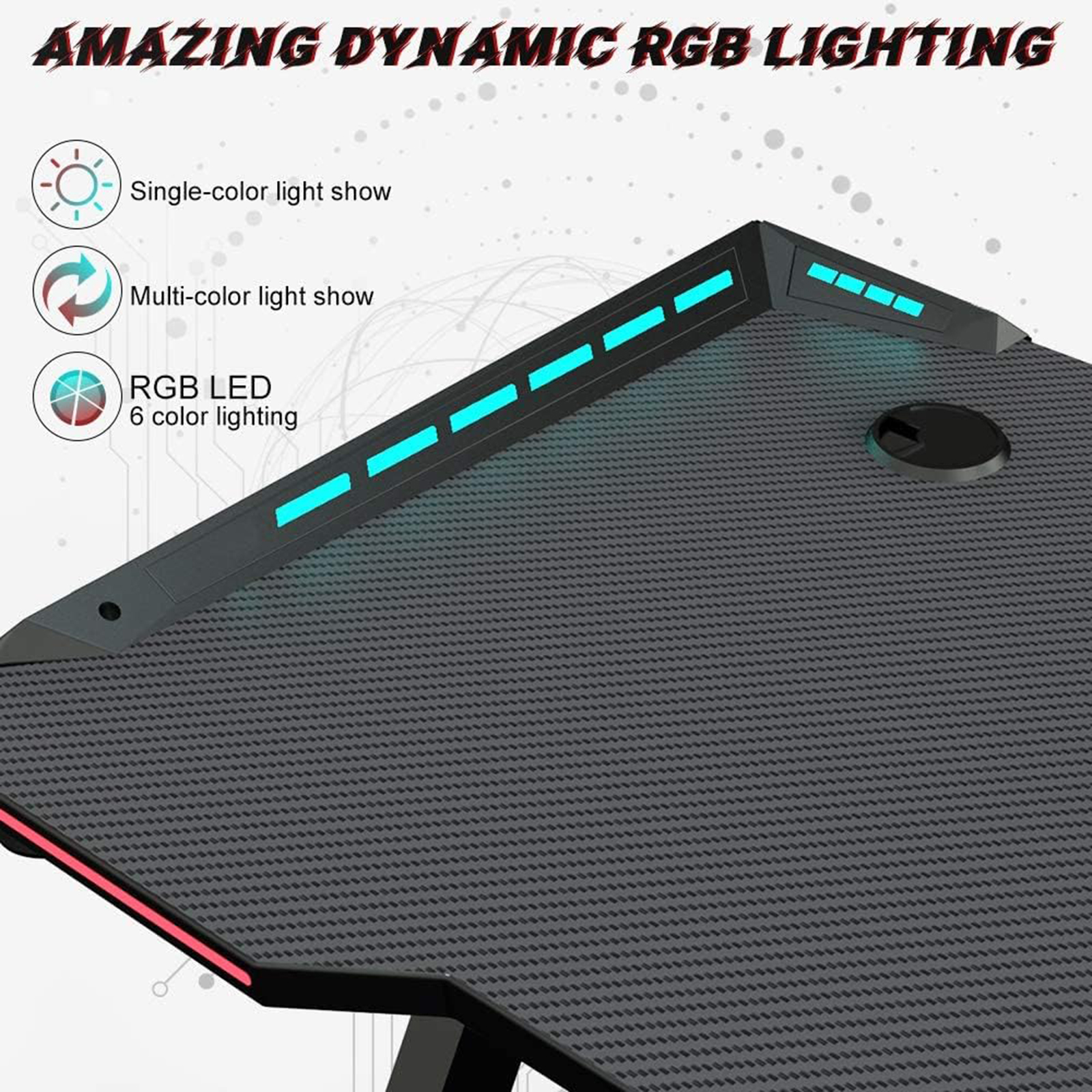 Gaming Desk RGB Lighting Home Office Desk Ergonomic Gamer Workstation, Carbon Fibre Surface, Cup Holder and Headphone Hook