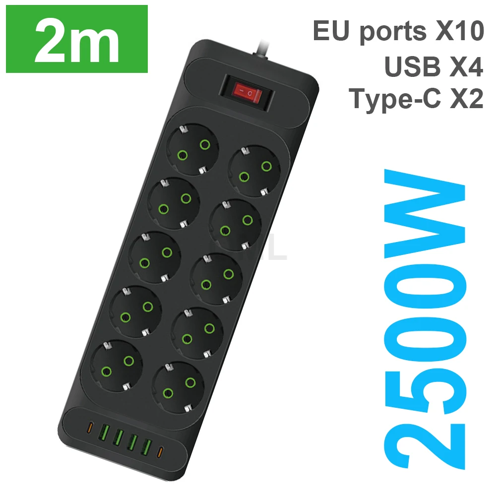2500W EU AC Plug Power Strip Safety Switch 2m extension cord European Standard Plug Socket Network Filter With USB C Charging