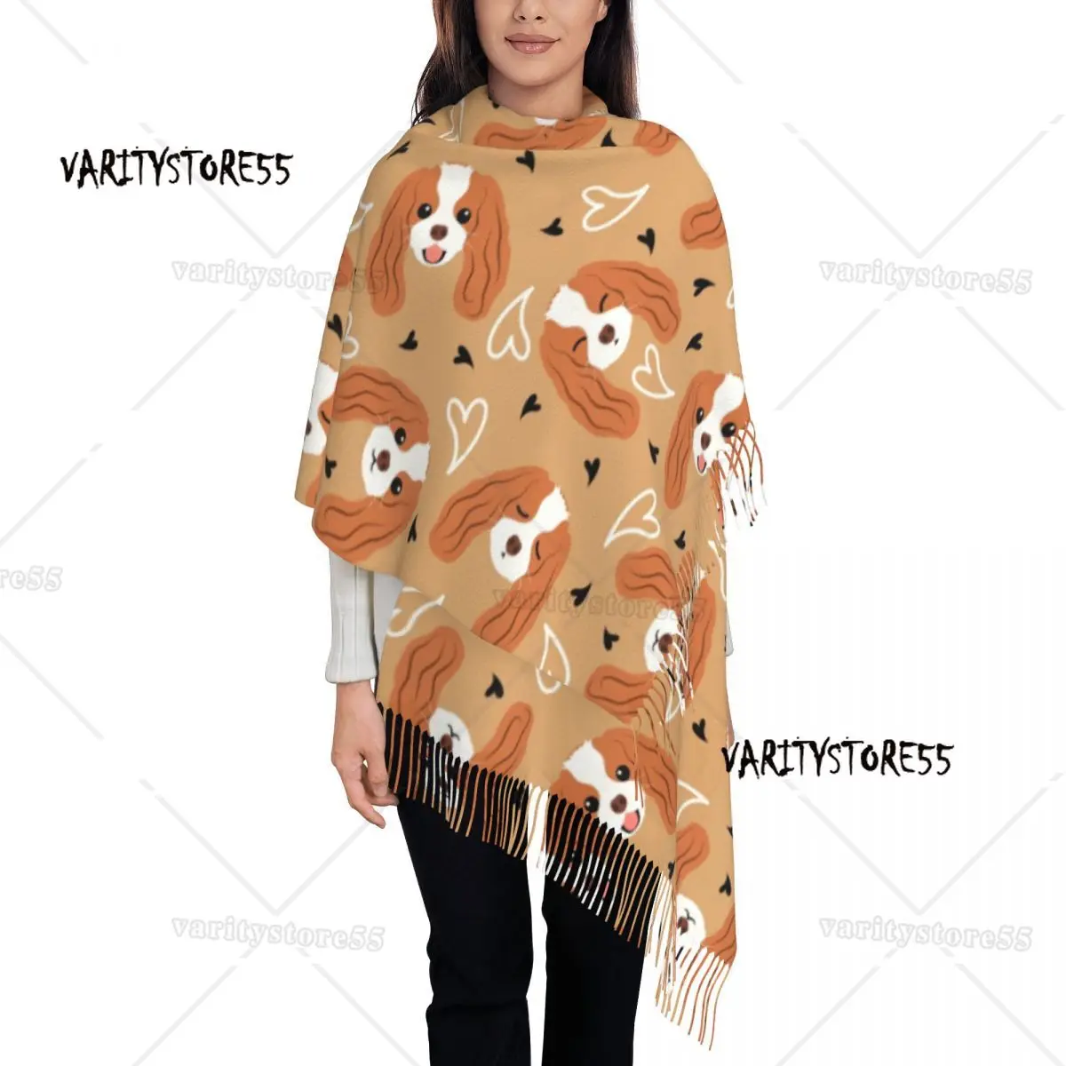 Weibliche lange Kavalier König Charles Spaniel Schals Frauen Winter Herbst dicke warme Quaste Schal Wraps niedlichen Hund Schal