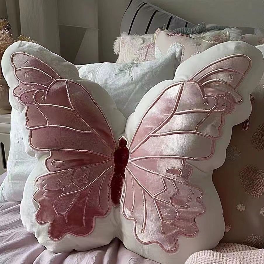 Girl Heart Butterfly Pillow, Cute Doll, Soft Pink Butterfly Pillow, Bedhead Pillow