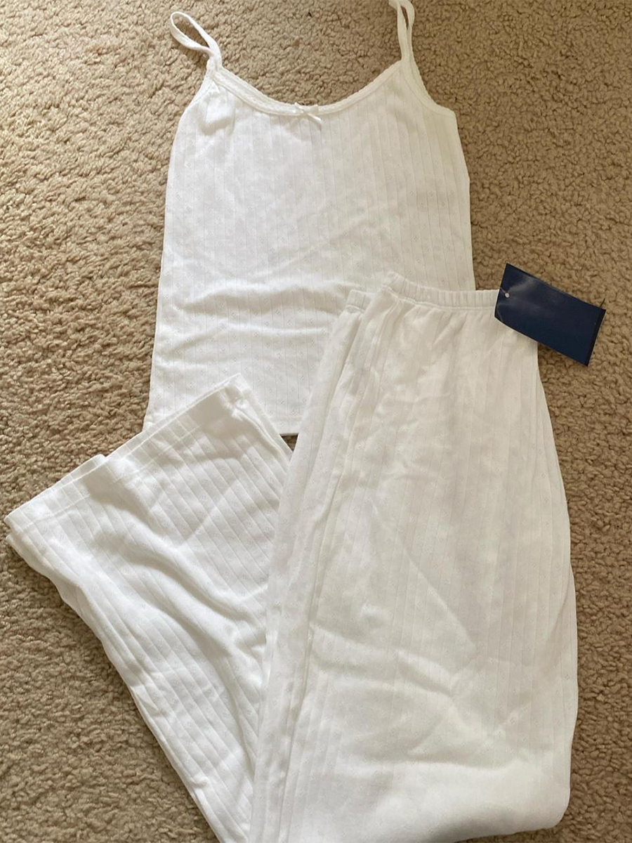 Conjunto de pantalón sin mangas blanco con ojales para mujer, Top corto ajustado con lazo + Pantalones rectos elásticos de cintura alta, pijama de algodón de verano, conjuntos de 2 piezas