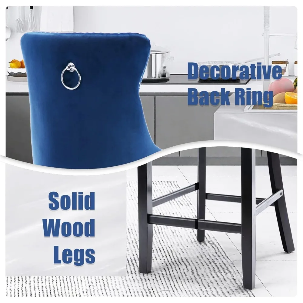 Modern Velvet Upholstered Bar Stools Set of 4 with Wood Legs, Button Tufted,Chrome Nailhead, Counterstool Seat, Armless