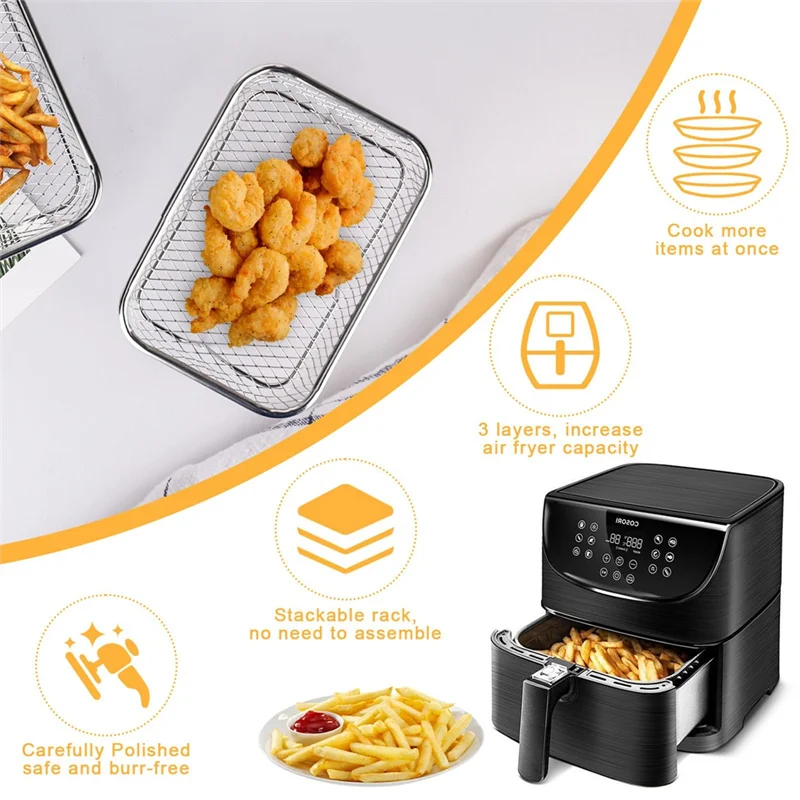 -Estantes rectangulares apilables para freidora de aire HOPE, acero inoxidable 304, 3 niveles para freír con aire mejorado