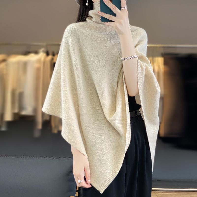 Spring Autumn High Quality Shawl Women's Medium to Long Korean Sleeveless Casual  Wool KnitHigh Neck Pullover CapeJacket