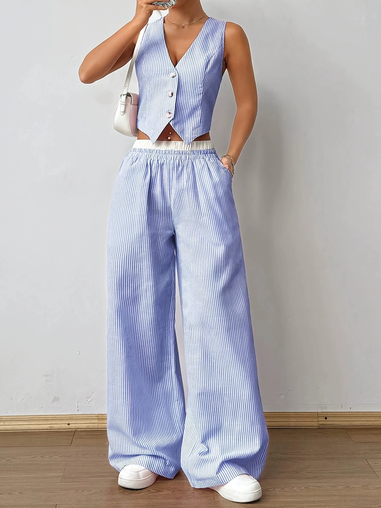 2023 neue Elegante Gestreifte Ärmellose V-ausschnitt Weste + Taille Kontrast Farbe Hosen Zwei-Stück Set Sommer Frauen Sets Mode anzug Top