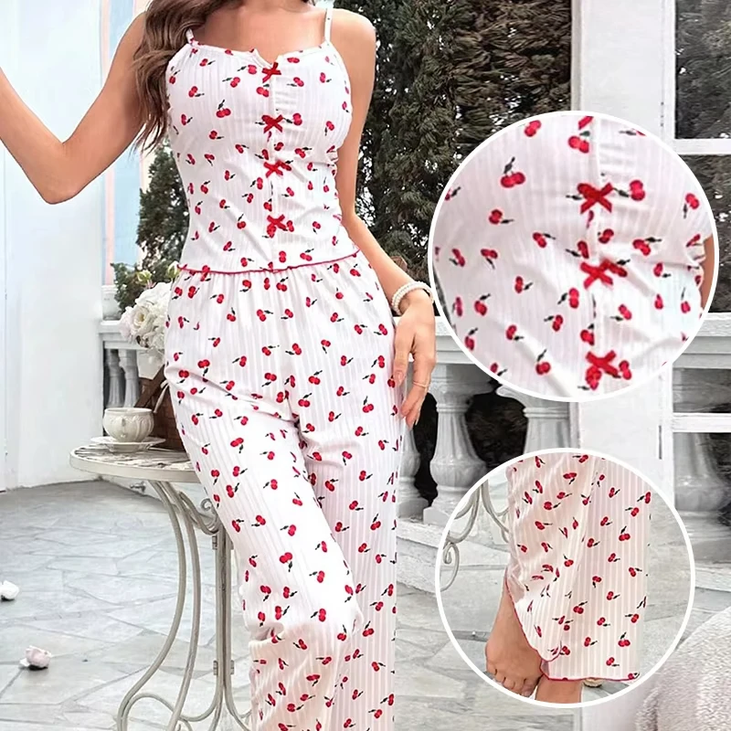 Conjunto de renda de malha transparente sexy feminino de 2 peças com alça impressa com nervuras top e calças roupas para casa conjunto de pijama