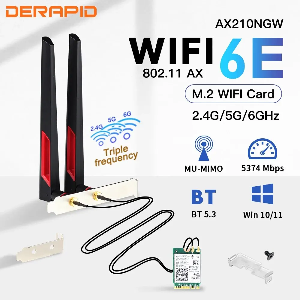 WiFi 6E AX210 M.2 Draadloze Adapter 2.4G/5G/6GHz Bluetooth 5.3 Wi-Fi 6 AX210NGW NGFF 10DBI Antenne Set Voor Desktop/PC Win10/11