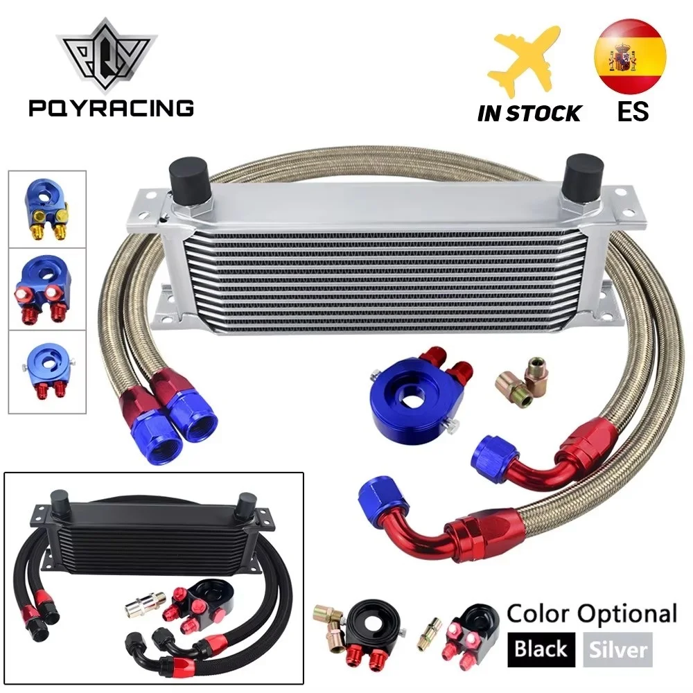 Kit cooler universal para óleo, kit com 13 linhas adaptador de filtro de óleo + adaptador de sanduíche + aço inoxidável trançado, mangueira an10 w/adesivo + caixa pqy