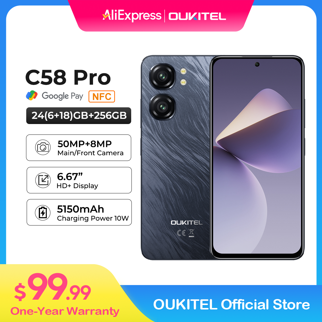 OUKITEL C58 PRO Smartphone - Batería de 5150 mAh, 24 (6+18) GB+256 GB, Cámara principal de 50 MP, Pantalla HD+ de 6,7", Teléfono con Huella Digital NFC