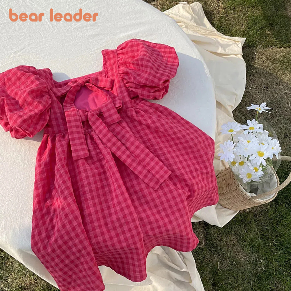 Bear Leader-vestido rosa a cuadros con lazo, elegante vestido Midi de Lolita para niñas grandes, vestidos para niños y adolescentes, vestido veraniego de princesa para fiesta