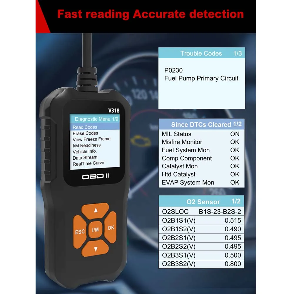 V318 OBD2 เครื่องสแกนเนอร์รถ Fault Diagnostic Instrument อ่านเครื่องยนต์ล้างเครื่องยนต์ความผิดปกติ Light Mechanic เครื่องมือ 10 ภาษา
