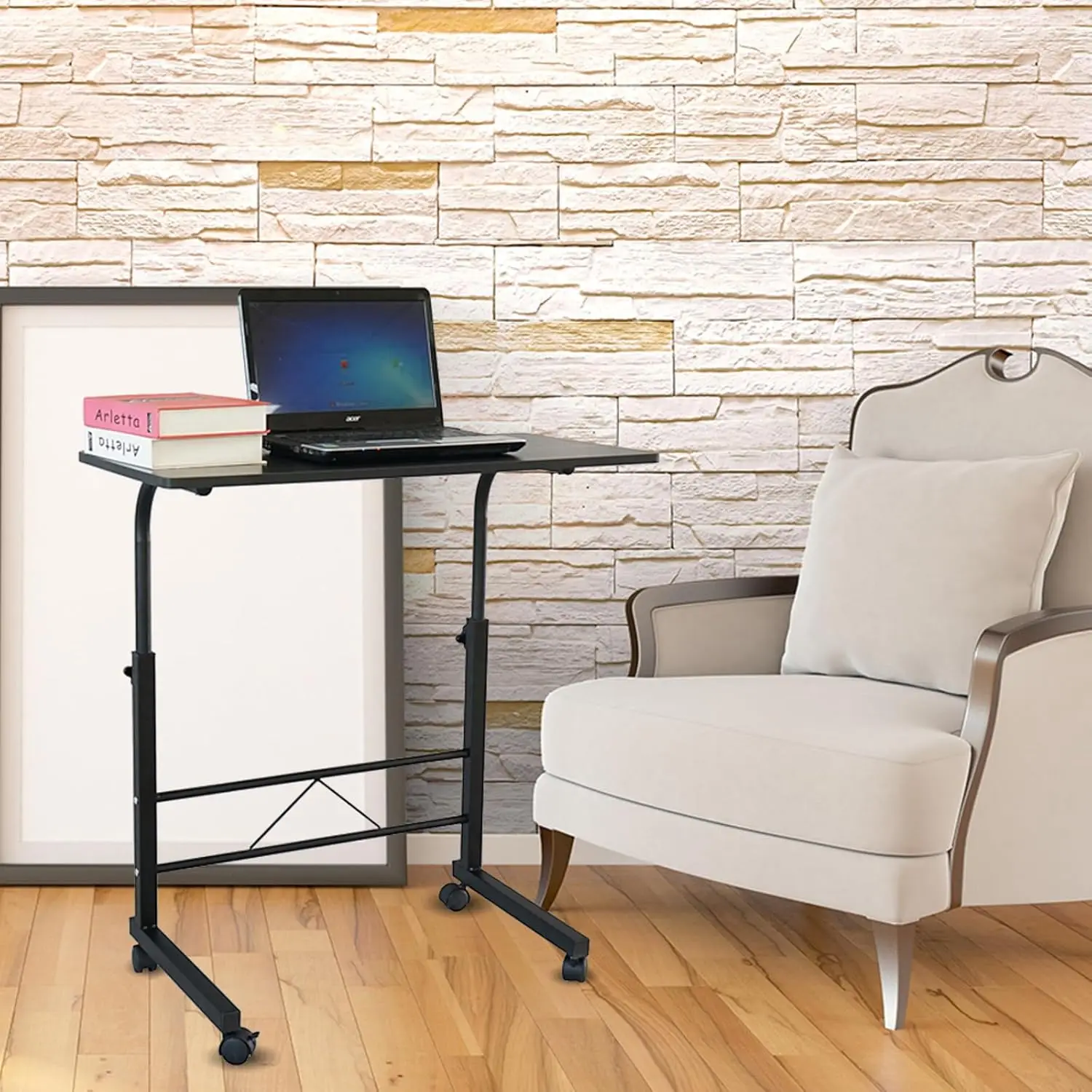 Black Pipe Rack Computer Desk, Side Table Mobile Standing, Adjustable Height & Movable, 60cm Particleboard with Triamine, Modern