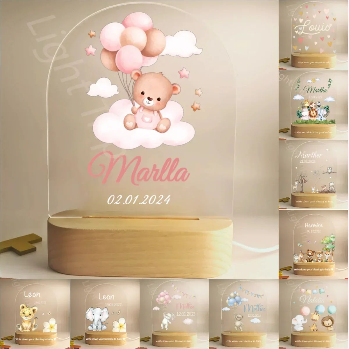 Luz nocturna personalizada para nacimiento de bebé, nombre personalizado, Animal, oso, conejo, con lámpara USB para dormitorio, regalo de cumpleaños y Navidad