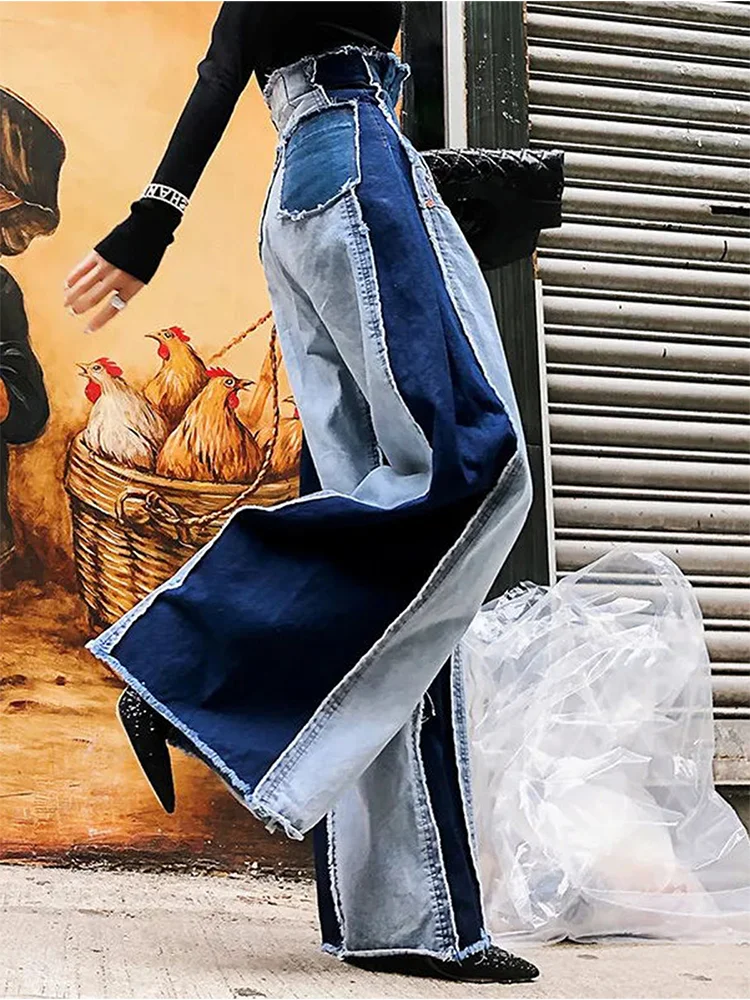 ผู้หญิงสูงเอวกางเกงยีนส์ Patwork Vintage Streetwear Denim กางเกง Casual Colorblock Patchwork ดิบ Trim ขากว้าง Denim กางเกงยีนส์กางเกง