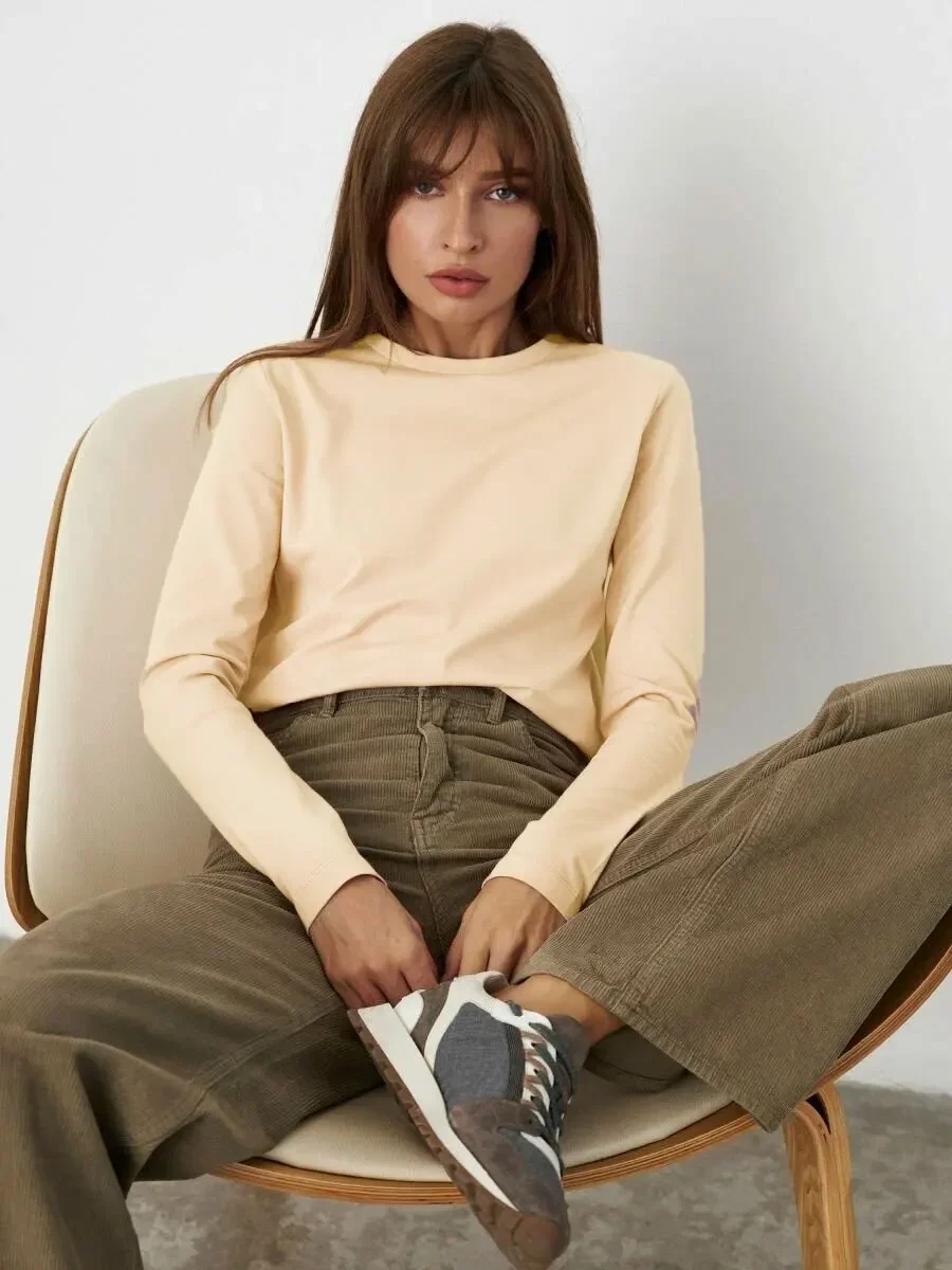 Wolfeel ผู้หญิงฤดูใบไม้ผลิฤดูใบไม้ร่วง 100% Cotton เสื้อยืด Bottoming Basic Solid Lady เสื้อแขนยาวหลวมเสื้อขนาดใหญ่ T เสื้อ