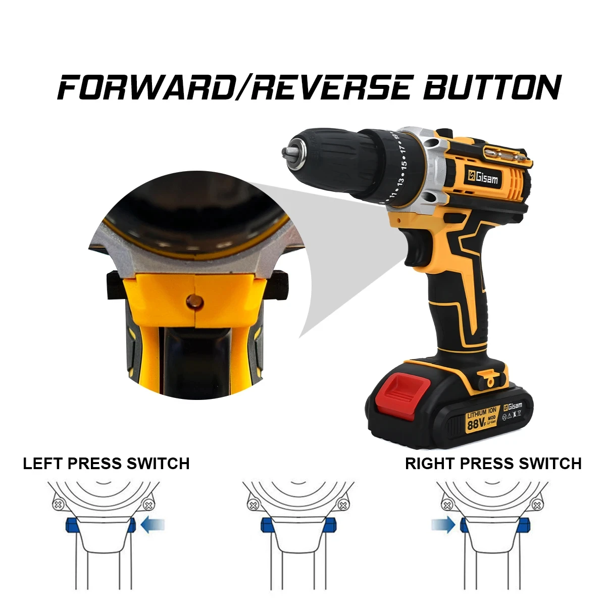 Gisam 25+3 Torque Electric Impact Screwdriver Multifunctional Cordless Drill Power Tool Setting 2 Gear Speed with 2 Batteries