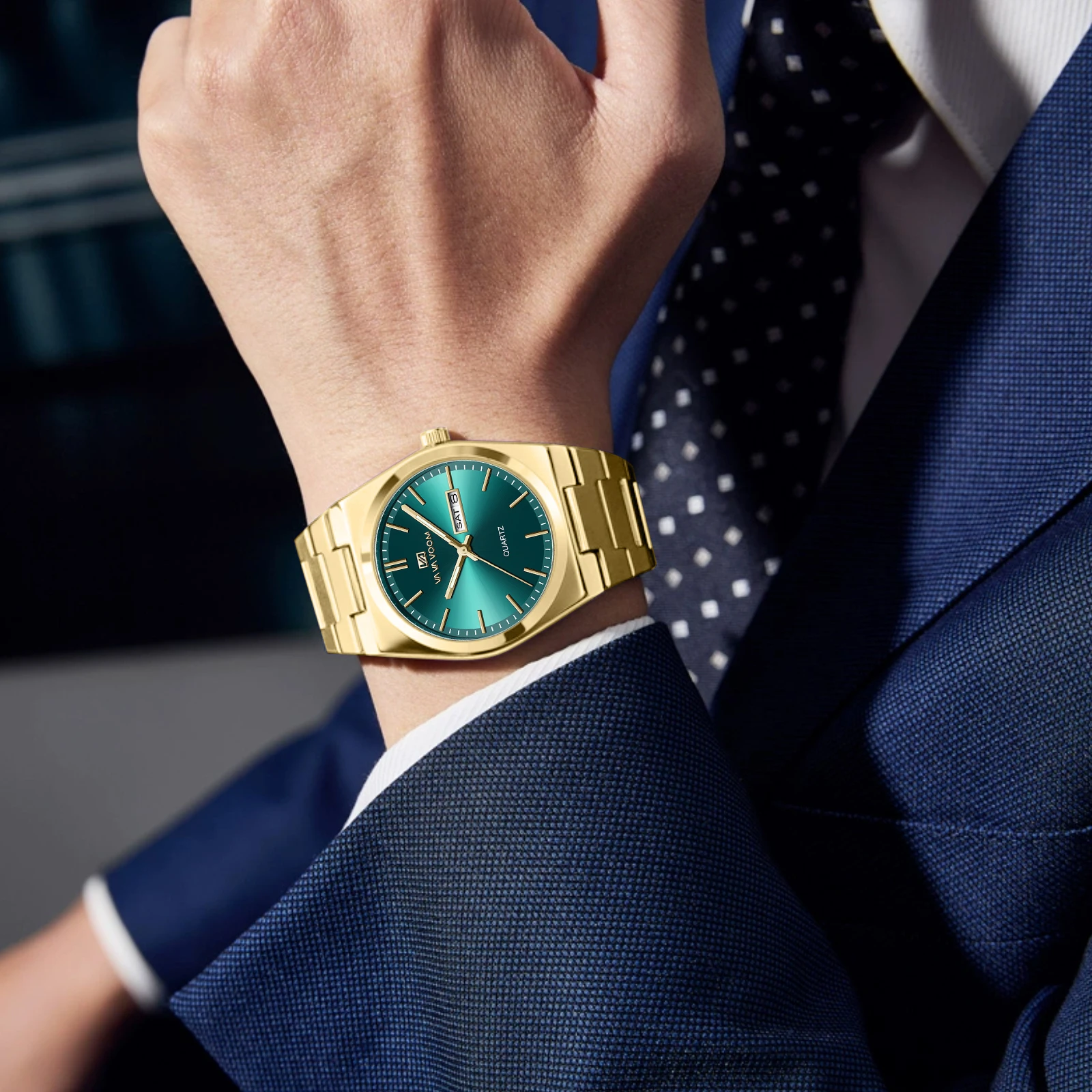 2024 neue Original Herrenuhr 40mm Luxus Blau Gold Zifferblatt Mode Edelstahlarmband Nachtlicht Dual Kalender Quarz Herrenuhr