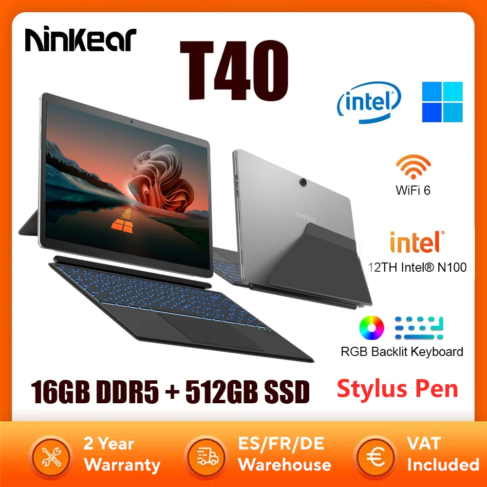 Ninkear T40 Laptop 2 w 1 Tablet z ekranem dotykowym Intel N100 14 cali FHD 16 GB DDR5 512 GB SSD Komputer Notebook Wifi 6 Podświetlenie RGB