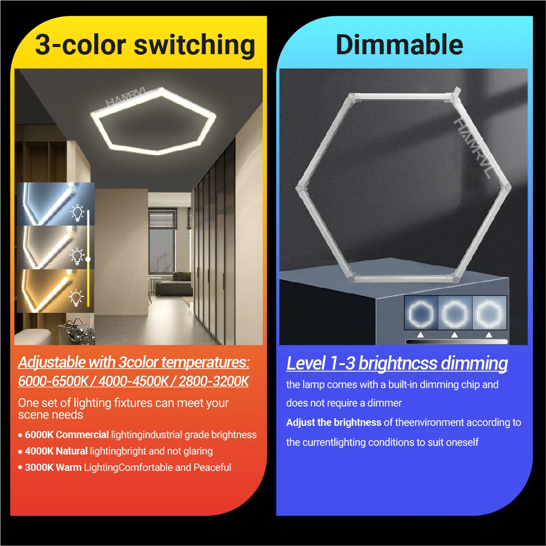 Garage Lamp Dimmable Hexagon LED Lighting Color Change 3000K4000K6000KGym Barber WorkShop Tube Honeycomb Ceiling Light CarRepair