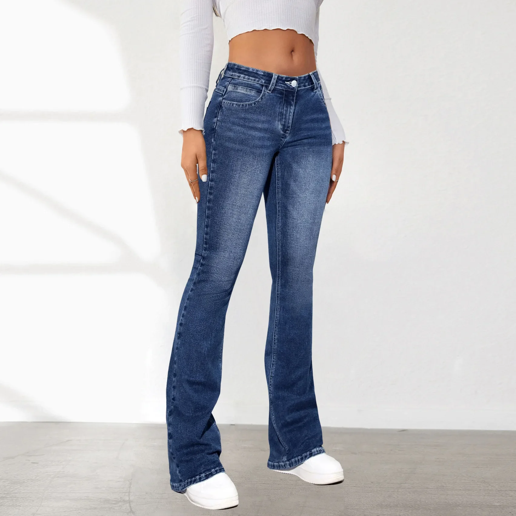 กางเกงยีนส์ผู้หญิง SLIM FIT Flare กางเกง DENIM ซักผ้ากระเป๋าเอวสูงข้อเท้าความยาว Boot CUT Streetwear Casual Zipper Fly