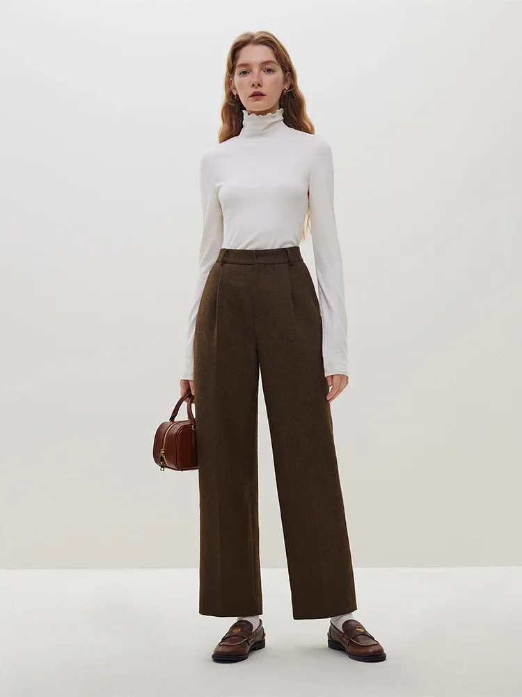 FSLE Klassische Pendler-Stil, hohe Taille, 53,4 % Wolle, gerade Hose für Damen, 2023, Winter, neue Retro-verdickte Hose, weiblich