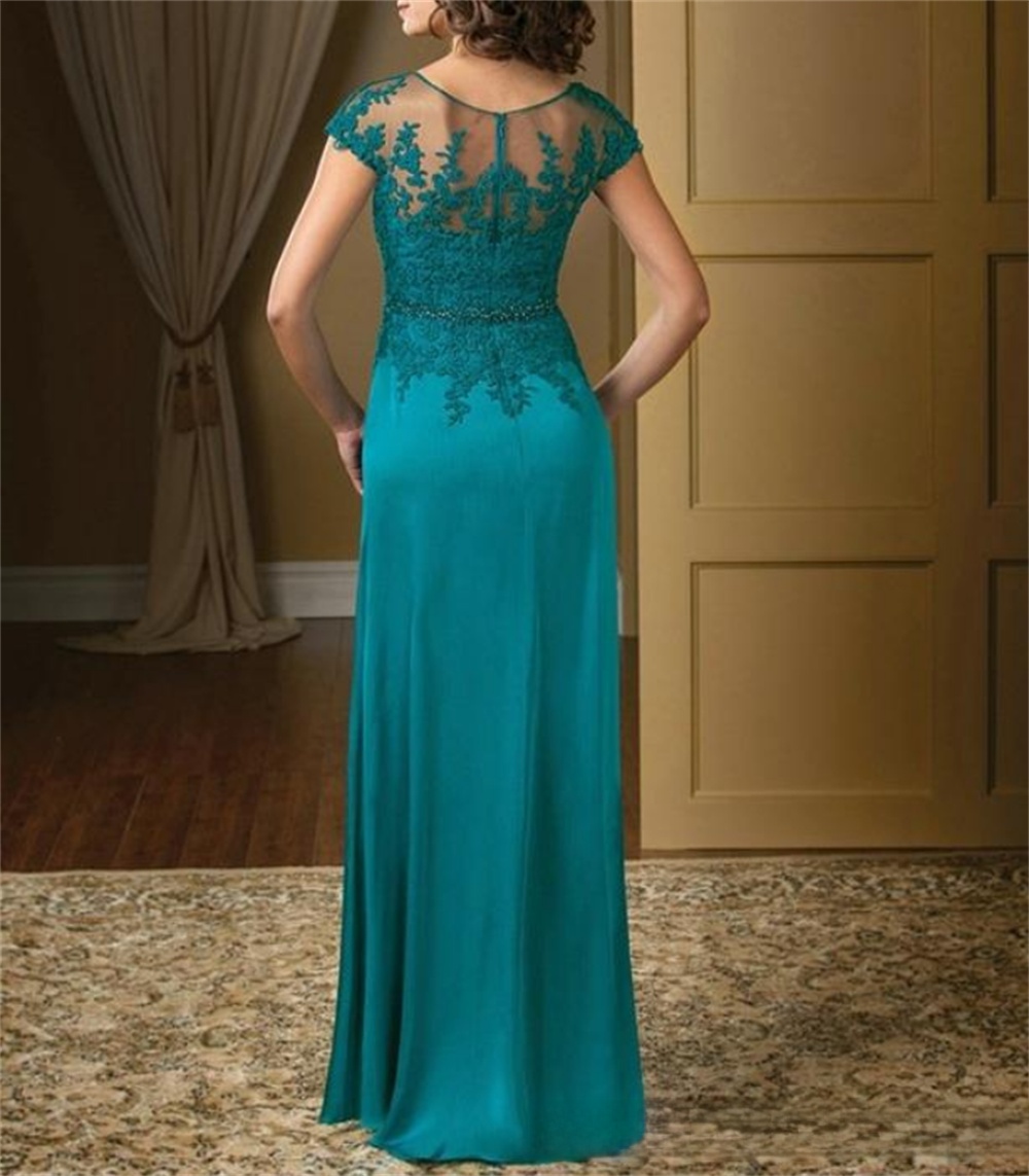 Robe trapèze en dentelle pour mère de la mariée, longueur au sol, élégante, en mousseline de soie, manches courtes, avec ceinture à volants, 2023