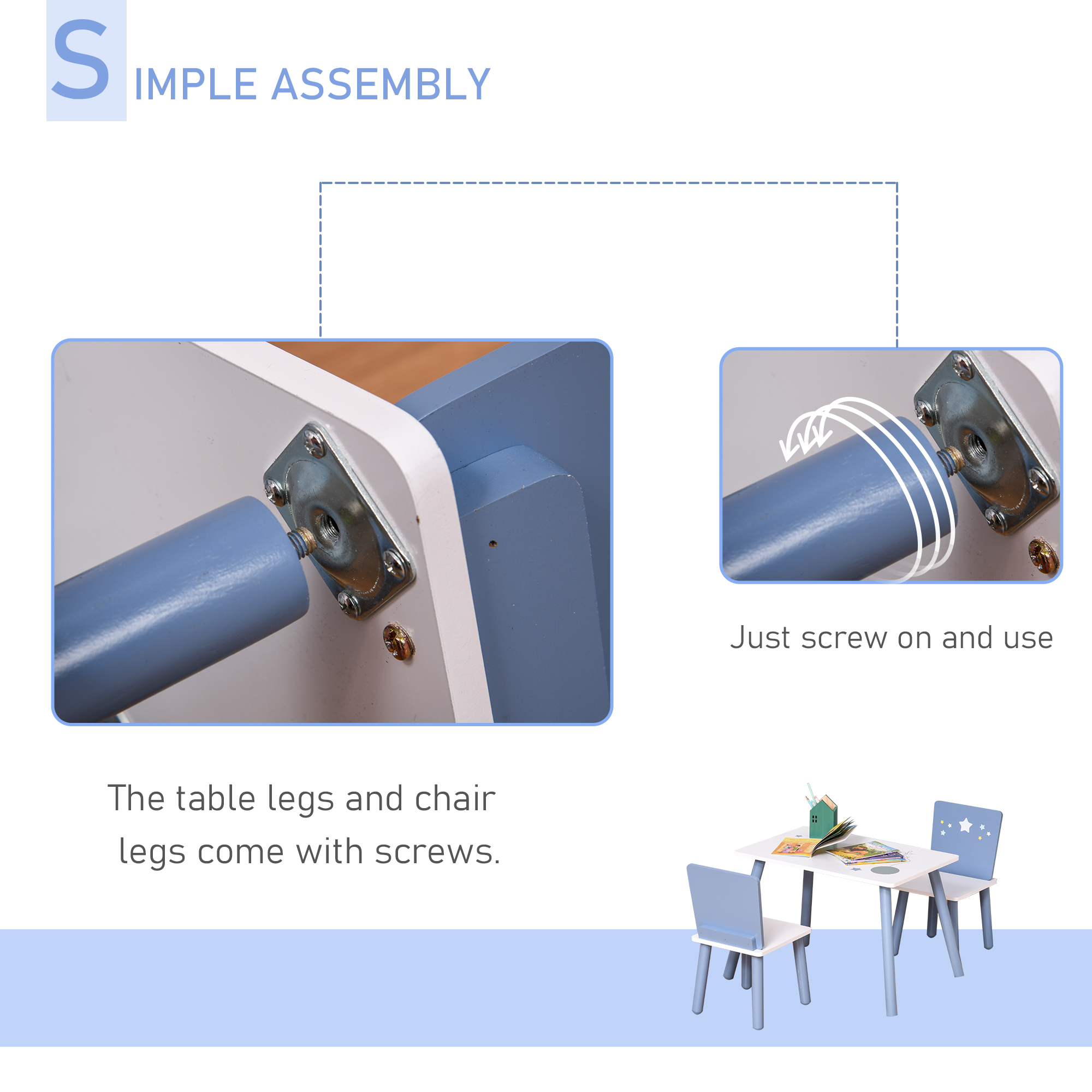 HOMCOM 3 Pcs Kids Table & Chairs Set with Wood Legs Safe Corners Cute Stars Seating Blue