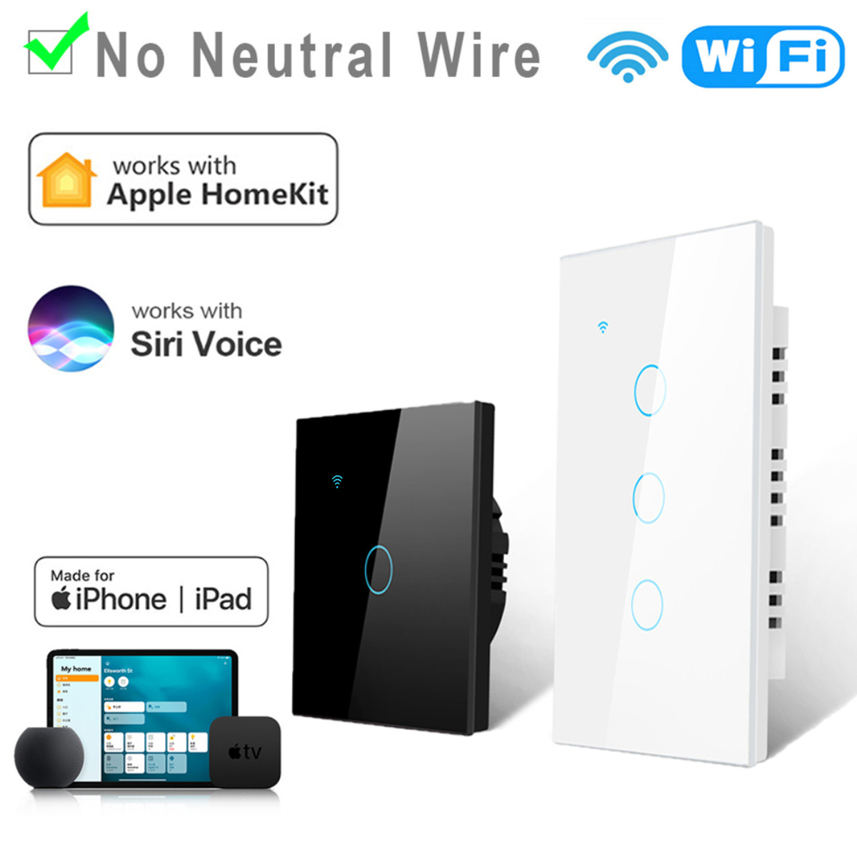 Умный Wi-Fi-переключатель Homekit, сенсорный датчик, настенные выключатели, приложение Smart Home Siri Control для Apple Homekit, НЕТ wymagania нейтрального провода