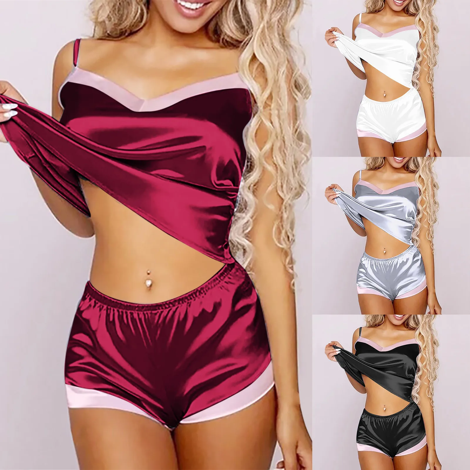 2024 conjuntos de pijama feminino com decote em v estiramento cetim lingerie sexy pijamas casa wear roupas de noite