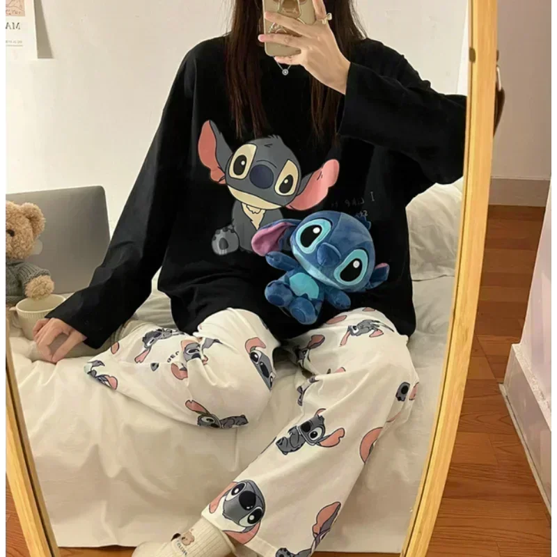 ディズニーステッチ秋の純粋な綿の新しい長袖ズボン 2 点セット女性のパジャマシルクパジャマ女性の部屋着セット