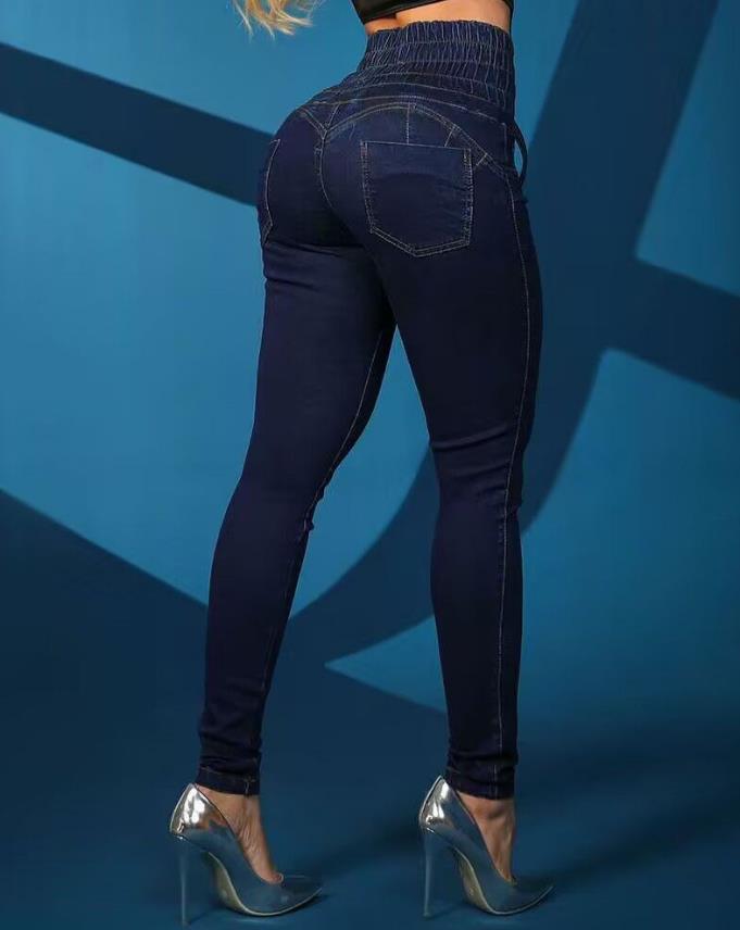 Casual สูงเอวกางเกงยีนส์ Skinny สำหรับผู้หญิง Grommet ตาไก่ Lace-Up ออกแบบ Plain แฟชั่นผู้หญิง Denim กางเกง