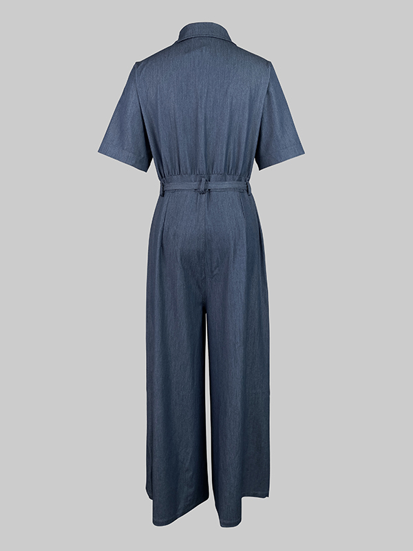 Modigirl blauwe dames jumpsuit met korte mouwen, zomer, originele creatie, button-down wijde pijpen, lange broek, rompertjes met zakken