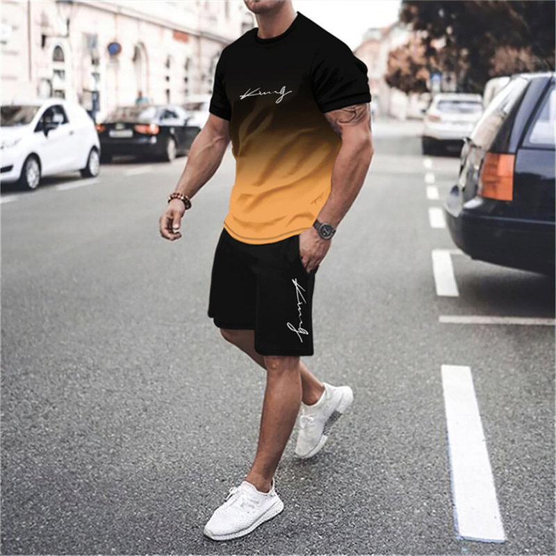 O mais recente conjunto de camiseta e shorts gradiente 3D masculino manga curta O-pescoço top casual e elegante conjunto de roupas esportivas de skate