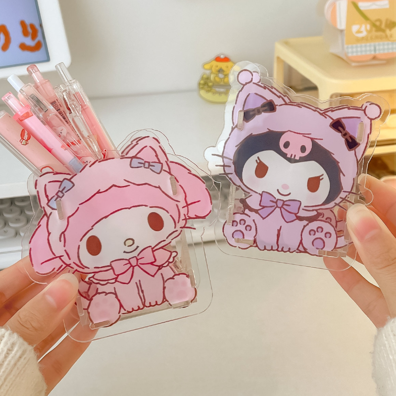Simpatico portapenne in acrilico Sanrio, trasparente, multifunzionale, per desktop, per bambini, scatola portaoggetti per cancelleria di grande capacità
