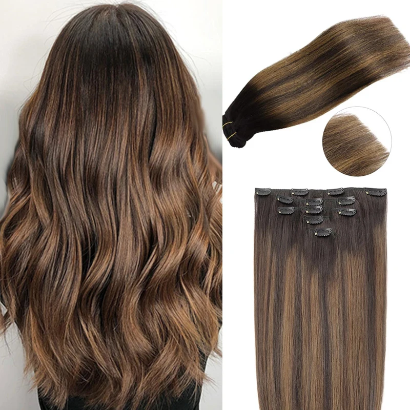 Grampo em extensões de cabelo humano em linha reta natural luz marrom mel ombre balayage peças de cabelo preto para mulher clip-in cabeça cheia