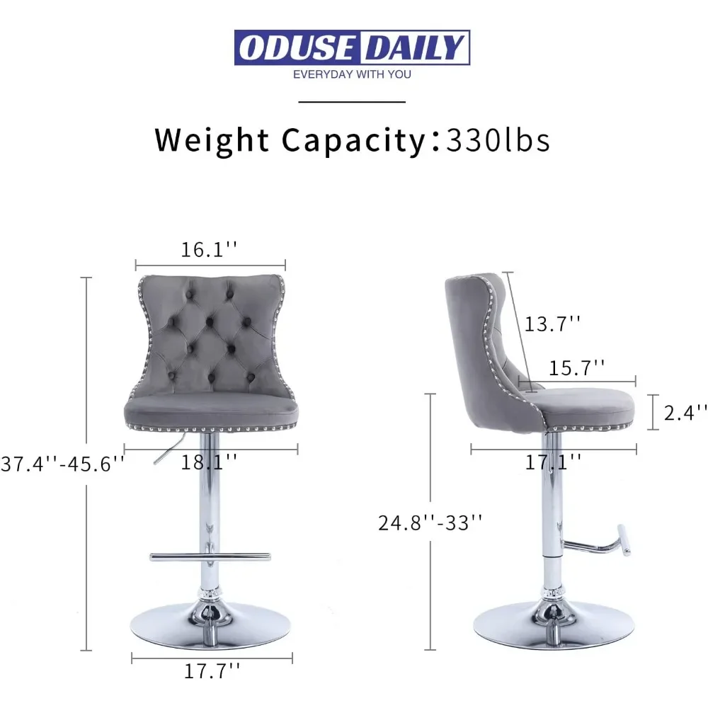 Set of 4 Gray Velvet Adjustable Swivel Bar Stools with Counter Height, Tufted Backrest, and Nailhead Trim for Kitchen Use