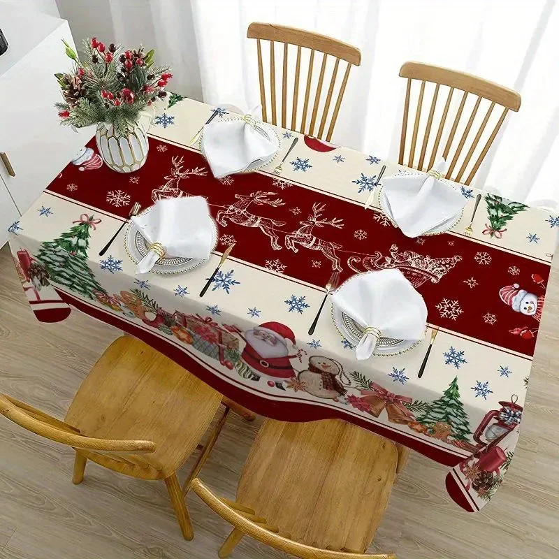Mantel rectangular impermeable con temática navideña, decoración de Fiesta de Navidad, decoración de mesa de comedor reutilizable, decoraciones navideñas