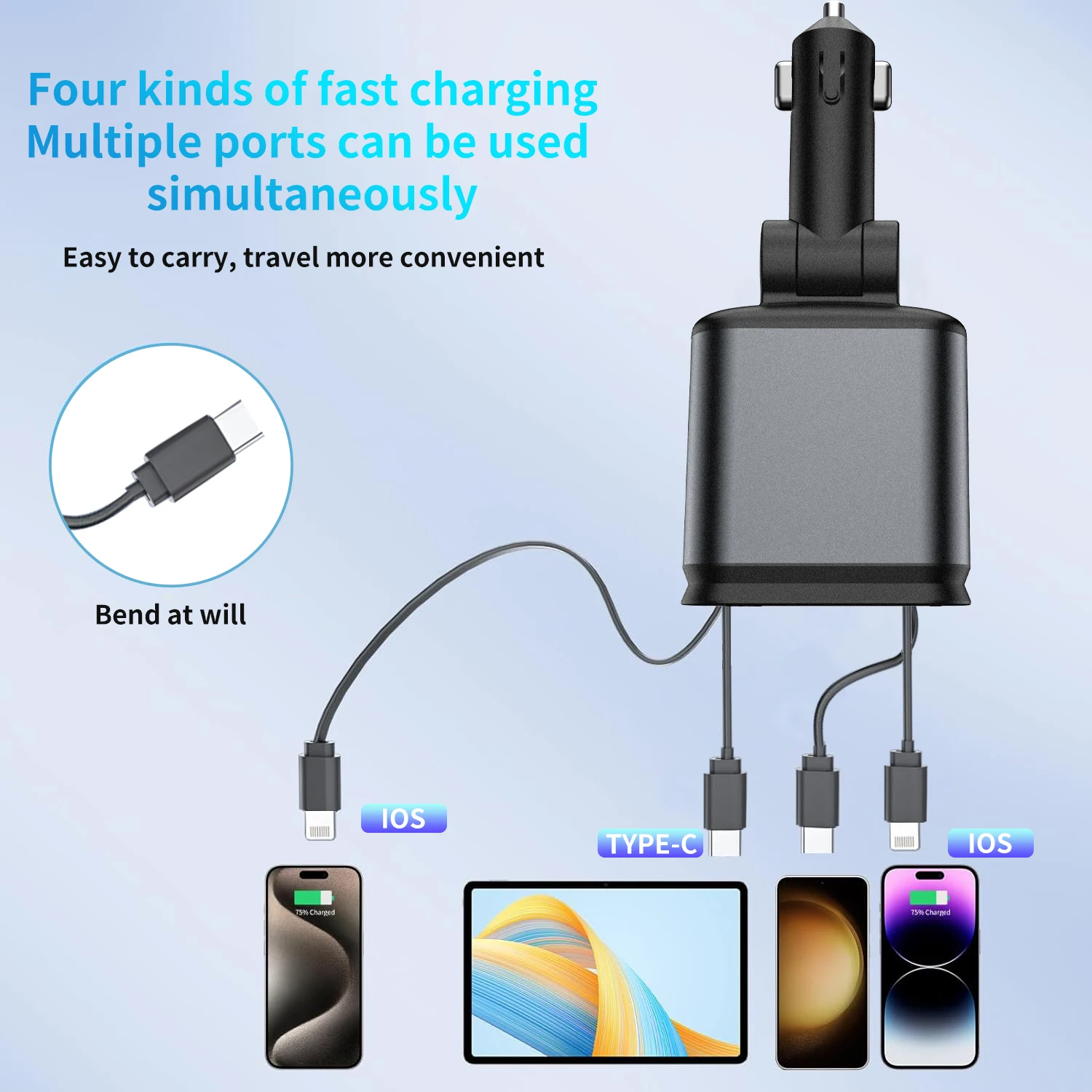 4-in-1-Autoladegerät, einziehbares Kabel, automatisches Dach, Sternenlicht, Typ C, schnelles Aufladen, Zigarettenanzünder für iPhone, Huawei, Samsung