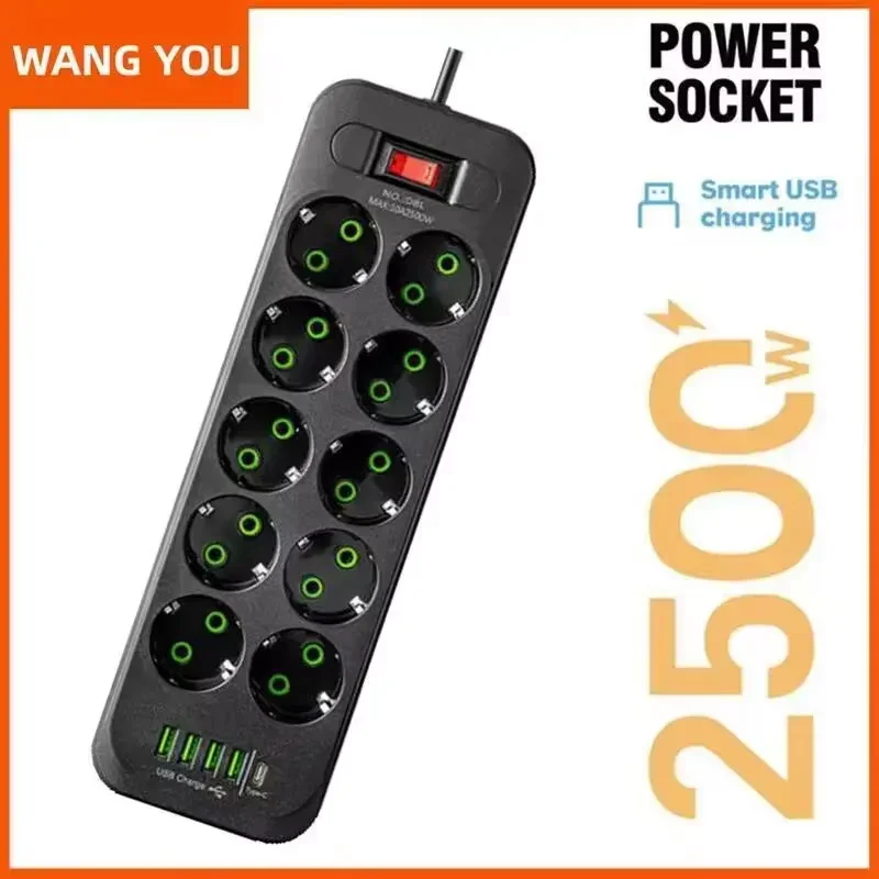 Enchufe europeo, toma de corriente CA, cable de extensión multiap, toma de corriente con 4 puertos USB, carga rápida, filtro de red multiplug