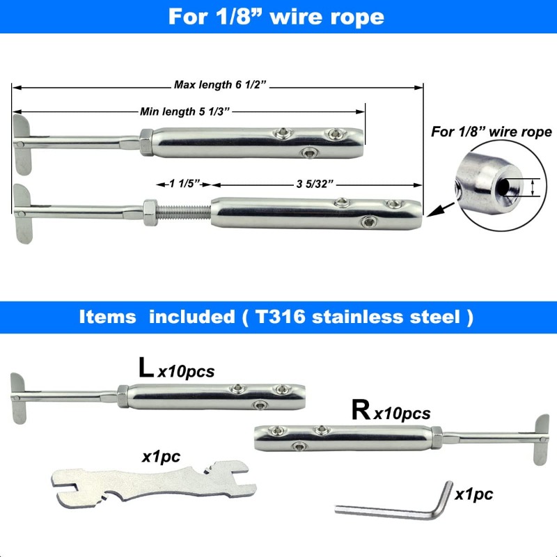Swageless Tensioners for Metal Posts Cable Railing Hardware Kit, for 1/8 Stainless Steel Cable Rrailing System