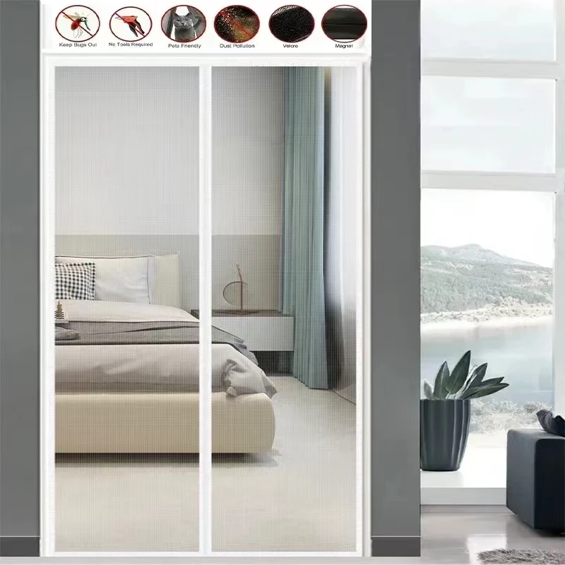 Mosquitera de puerta magnética blanca, cortinas de tamaño personalizado, mosquitera de puerta, cierre automático, red invisible