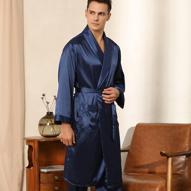 Pijamas de satén para hombre, bata Kimono con pantalones, camisón fino de dos piezas, traje de Albornoz y pantalones, ropa de dormir de manga larga de verano
