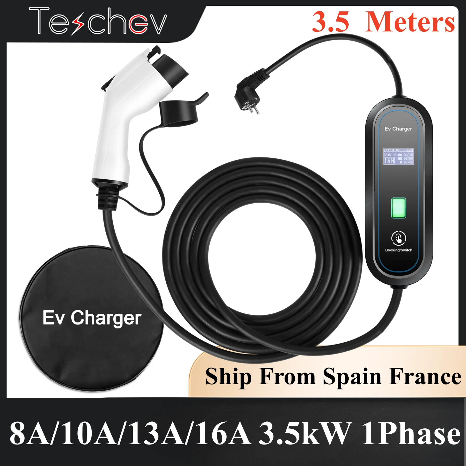Teschev 220V 230V Przenośna Ładowarka Samochodowa Elektryczna EV Typ 2 16A 3.5kW Kabel do Ładowania Samochodu SAE J1772 Typ 1 Wallbox