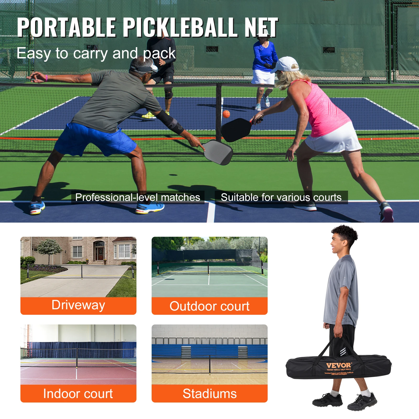 SucceBuy Sistema di rete per pickleball portatile 22FT Rete completa con dimensioni di regolazione ufficiali Reti per palline di sottaceti all'aperto con linea di corte