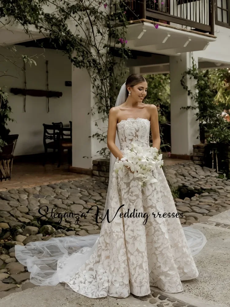 Vestido de noiva sem alças personalizado com deslumbrantes apliques de renda e silhueta floral linha a vestido de noiva vestidos de novia
