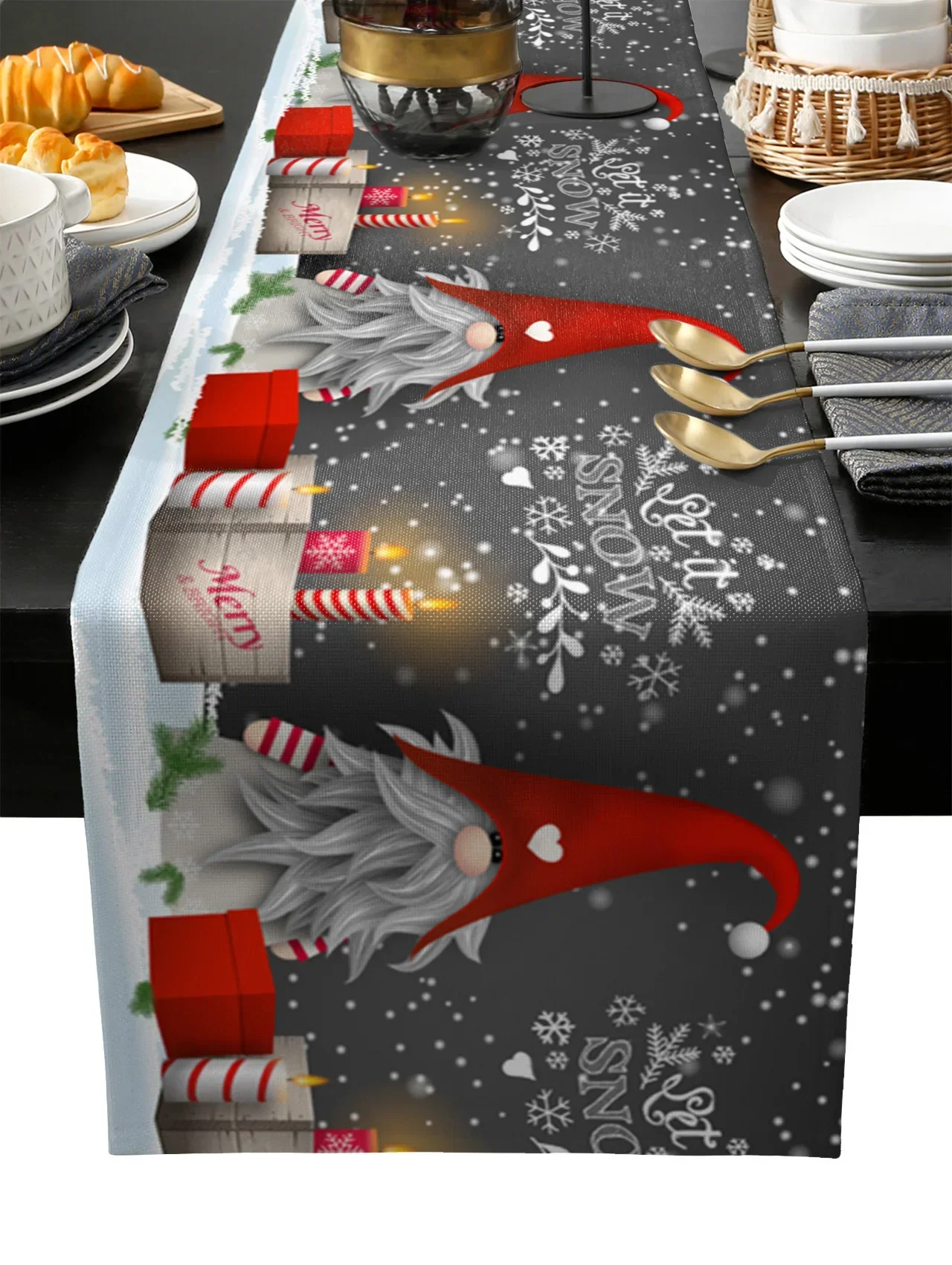Camino de mesa de lino con forma de Gnomo de Navidad, bufanda de tocador, reutilizable, para invierno, cocina, comedor, camino de mesa, decoraciones navideñas