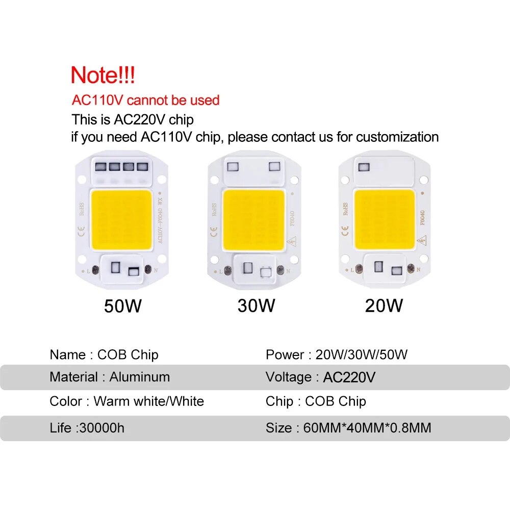 F6040 20 ワット/30 ワット/50 ワット AC 220 V COB モジュール LED チップダイオードランプ電球屋外フォーカススポットライトガーデン統合ライトビーズ