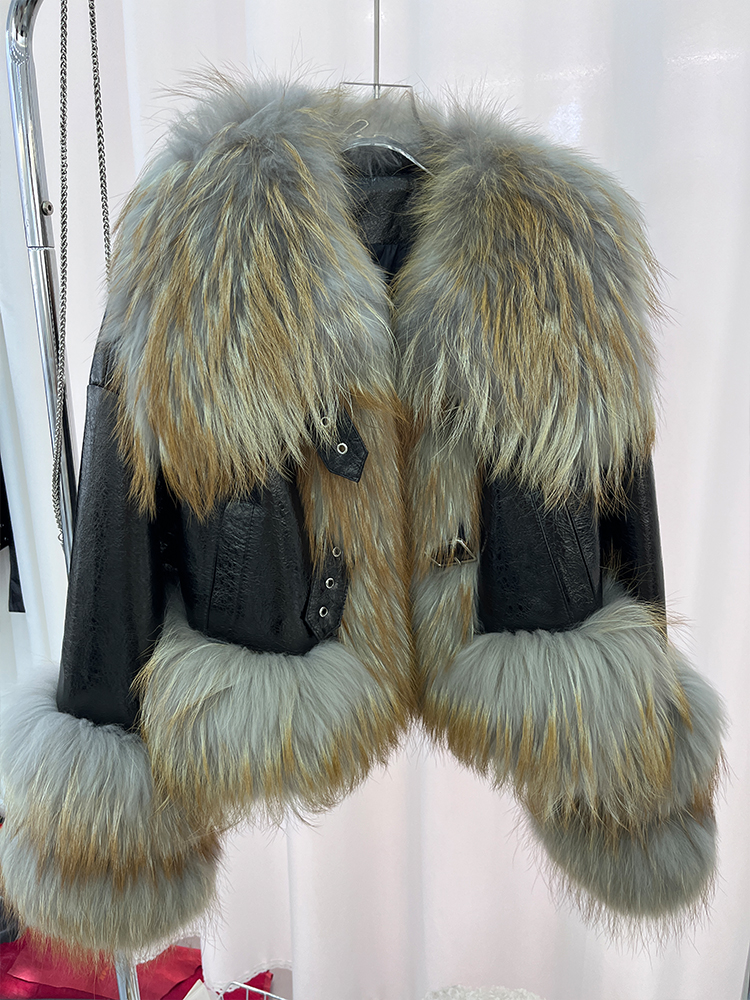 2024 novo inverno natural gola de pele de guaxinim casaco feminino genuíno pele de carneiro jaqueta de couro casaco de luxo outerwear casaco feminino